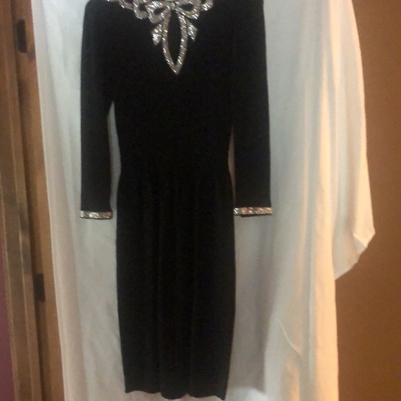 Vintage 70’s Don Sayres wool knit black dress with sequined Bow Bib and wrists. - Picture 2 of 5